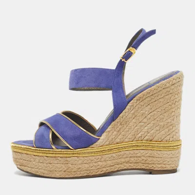 Versace Blue Suede Espadrille Strappy Wedge Sandals In Multi