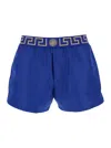 Versace Blue Swim Shorts With Elastic Waist With Greca Motif In Tech Fabric Man
