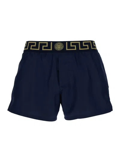 Versace Blue Swimsuit Shorts With Greca Detail In Tech Fabric Man