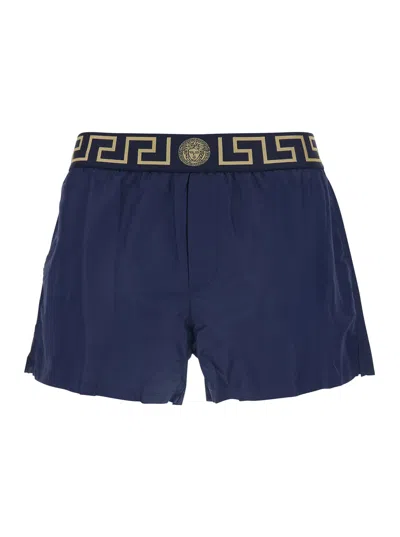 Versace Blue Swimsuit Shorts With Greca Detail In Tech Fabric Man