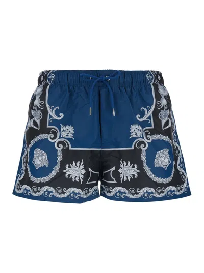 Versace Blue Swimsuit With All-over Geometric Print In Tech Fabric Man