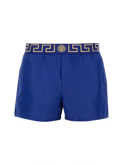 Versace Blue Swimsuit With Greca Pattern In Bluette Gold