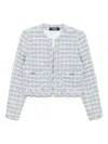 Versace Tweed Jacket With Frayed Edges And Pockets In Blue