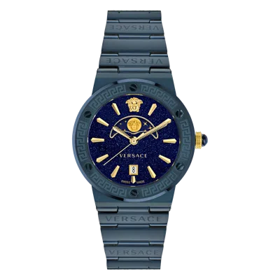 Pre-owned Versace Blue Womens Analogue Watch Greca Logo Moonphase Ve7g00423