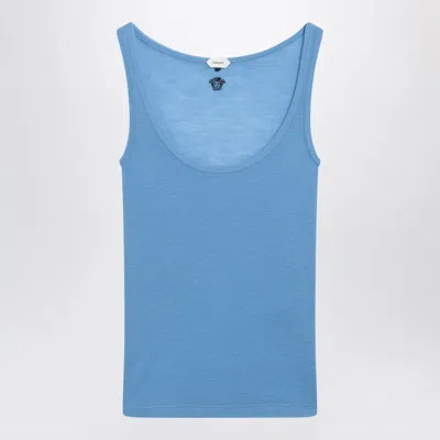 Versace Blue Wool Tank Top With Logo Embroidery In Light Blue