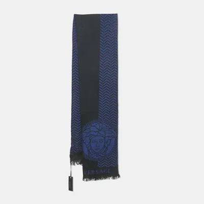 Pre-owned Versace Blue/black Jacquard Wool Stole