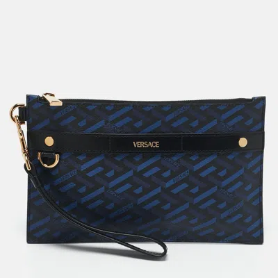 Pre-owned Versace Blue/black La Greca Printed Coated Canvas And Leather Wristlet Pouch
