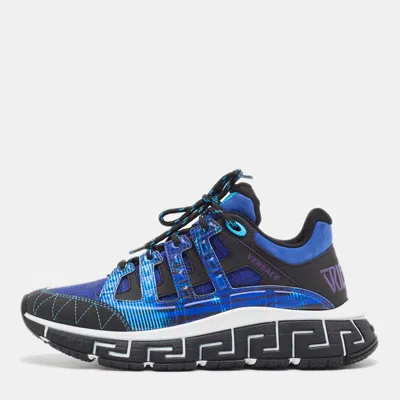 Pre-owned Versace Blue/black Leather And Fabric Trigreca Sneakers Size 40.5