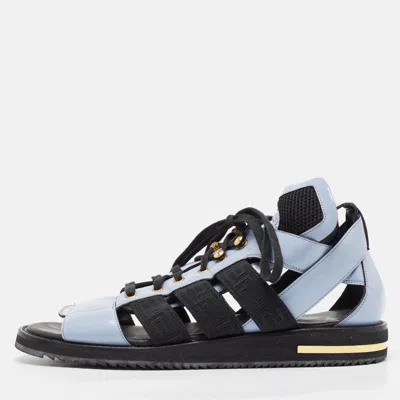 Pre-owned Versace Blue/black Leather Lace Up Flat Sandals Size 42