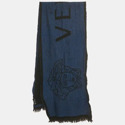 Pre-owned Versace Blue/black Logo Jacquard Wool Stole