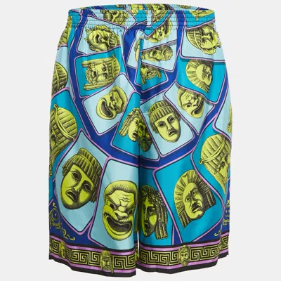 Pre-owned Versace Blue/multicolor Mask Foulard Print Silk Shorts Xl