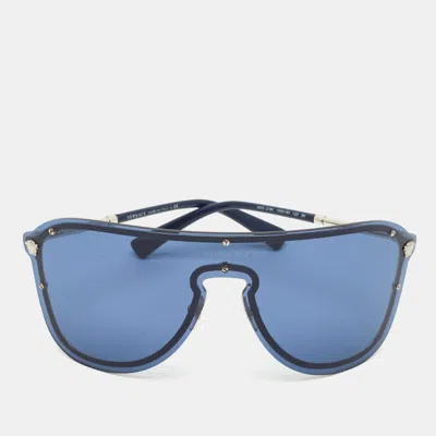 Pre-owned Versace Blue/silver Tone Mod 2180 Medusa Shield Sunglasses