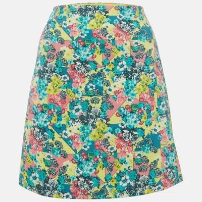 Pre-owned Versace Blue/yellow Printed Cotton Mini Skirt L