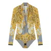 Versace Baroque-print Deep V-neck Bodysuit In Yellow