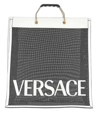 Versace Shopper Bag With Logo In Gray