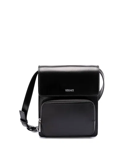 Versace Crossbody Leather Messenger Bag In Black