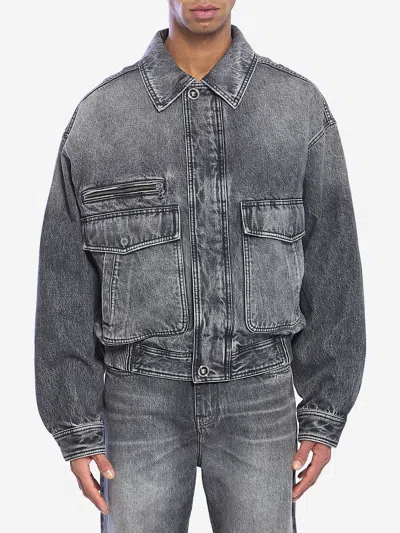 Versace Stonewash Denim Bomber Jacket In Gray