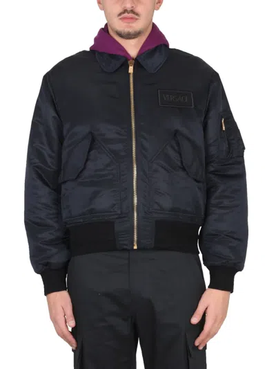 Versace Bomber Jacket With Applied Logo In Negro