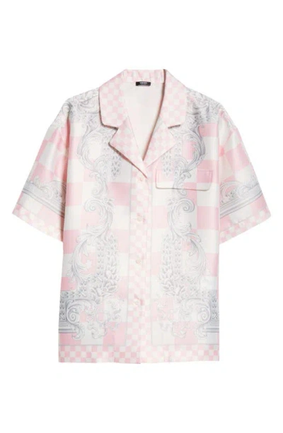 Versace Border Print Check Satin Camp Shirt In Pastel Pink White Silver