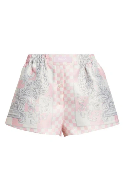 Versace Border Print Check Satin Shorts In Pastel Pink White Silver