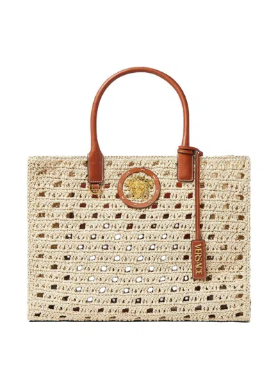 Versace La Medusa Large Raffia Tote Bag In Neutral