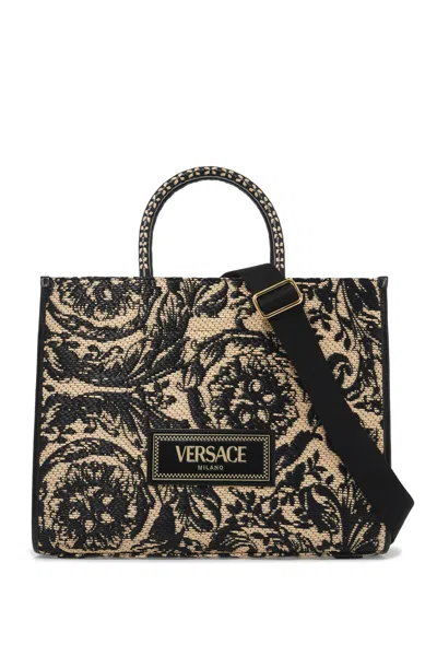 Versace Borsa Tote Media In Rafia Athena Barocco In Orange, Black