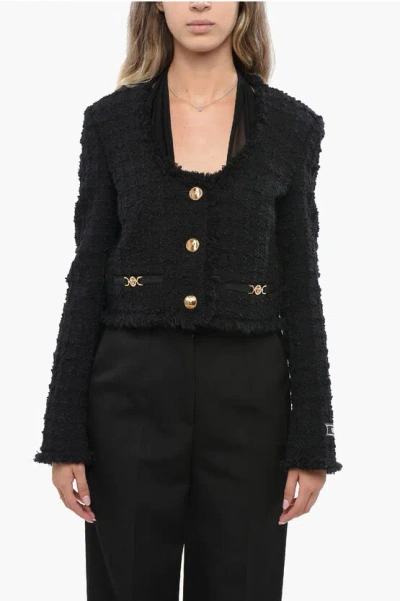 Versace Boucle' Cropped Fabric With Golden-effect Logoed Buttons In Black
