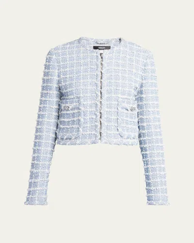 Versace Boucle Windowpane Tweed Jacket In Blue