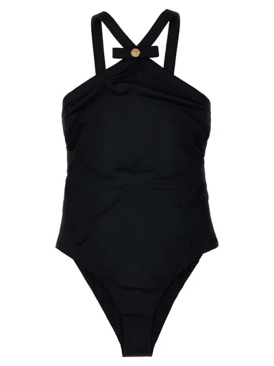 Versace Gianni Ribbon One-piece Swimsuit In Noir
