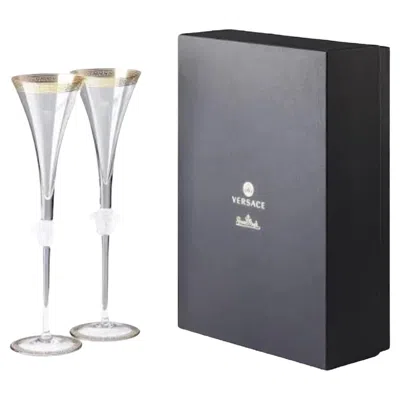 Pre-owned Versace Boxed Set Of Four Crystal "medusa D'or" Champagne Flutes Glasses By  In Gray