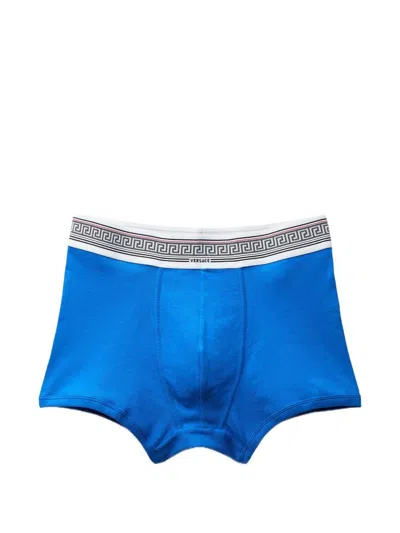 Versace Boxer In Cotone Blu Con Motivo Greca