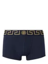 Versace Topeka Cotton Low Rise Logo Trunks In Blue
