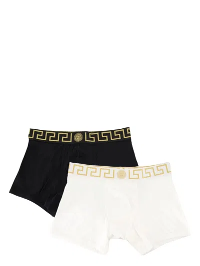 Versace Boxer Briefs Contrast Waistband Elastic Two Pack In Black
