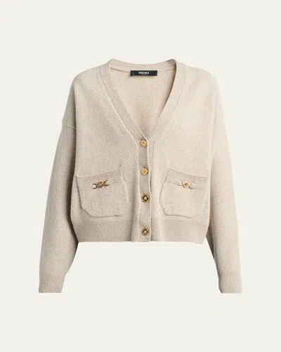 Versace Boxy Cashmere Cardigan In Beigebone