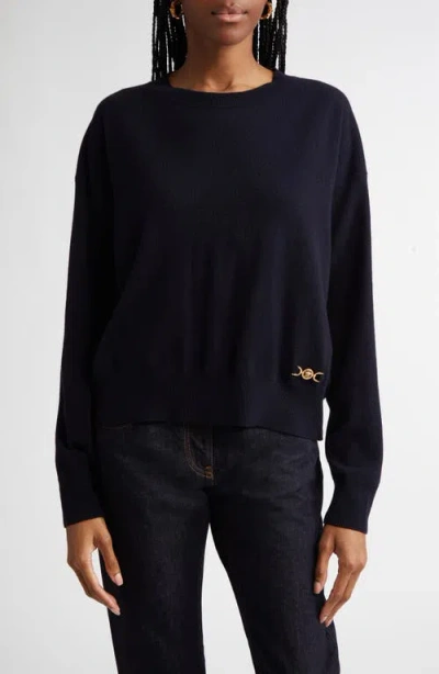 Versace Boxy Medusa Detail Virgin Wool Blend Crewneck Sweater In Ink Blue