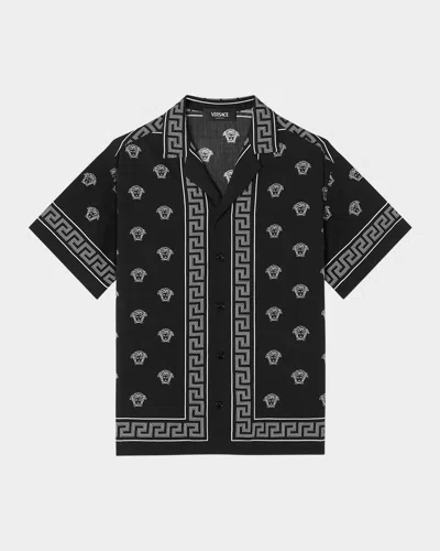 Versace Kids' Black Shirt For Boy With Medusa Bandana Print