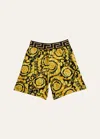 Versace Boy's Greca Barocco Fleece Shorts In Black Gold