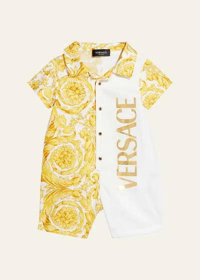 Versace Kids' Boy's Barocco Logo Collared Playsuit In White/gold