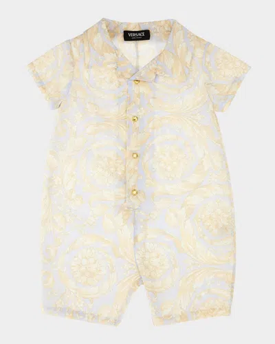 Versace Kids' Boy's Barocco-print Playsuit In New Born Blue Bone