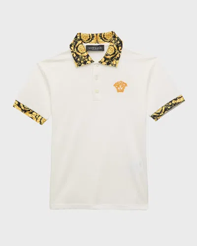 Versace Kids' Boy's Barocco-print Polo Shirt In White