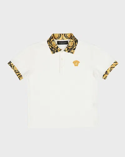 Versace Kids' Boy's Barocco-print Polo Shirt In Whiteblackgoldgold