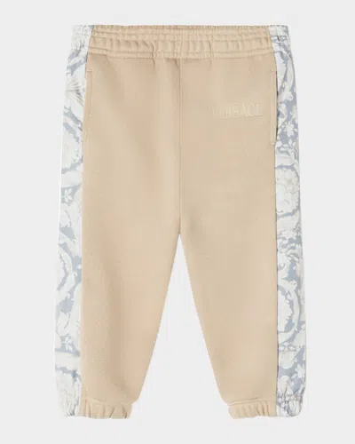 Versace Kids' Boy's Barocco-trim Fleece Sweatpants In Sand Castle Concrete Bone