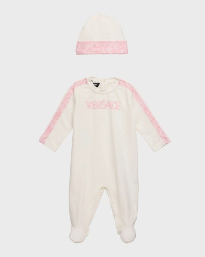 Versace Kids' Boy's Barocco-trim Two-piece Footie & Hat Set In White Pink