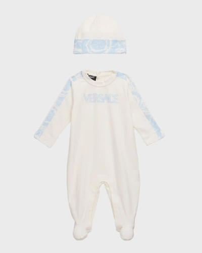 Versace Babies' Boy's Barocco-trim Two-piece Footie & Hat Set In White+whal