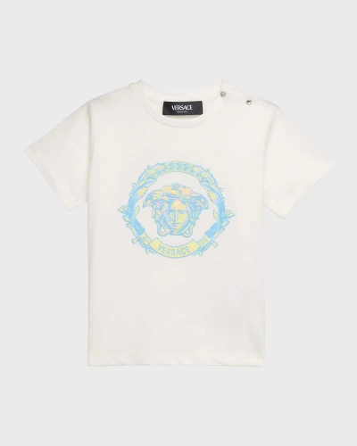 Versace Kids' Boy's Barocco Wave Crest Logo Cotton T-shirt In White Multi