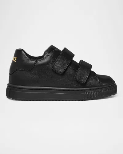 Versace Boy's Calf Leather Logo-print Sneakers, Kids In Black