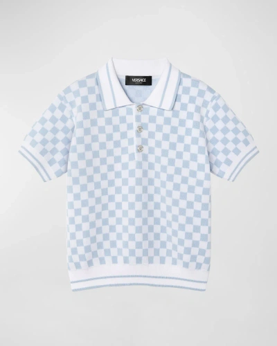 Versace Kids' Boy's Check-print Polo Shirt In White Pale Blue