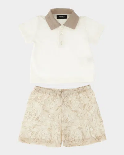Versace Kids' Boy's Cotton Polo Shirt & Shorts Set In Multi