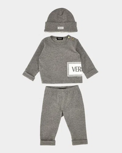 Versace Kids' Boy's Damier Logo-print 3-piece Set In Gray