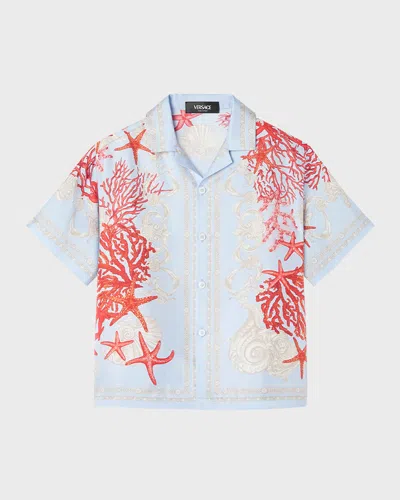 Versace Kids' Boy's De La Mer-print Button Down Shirt In Blue Hydrangea Coral
